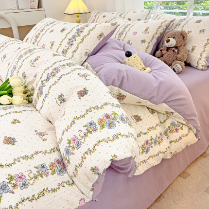 91家纺网 家纺一手货源 找家纺 优选2025直播爆款超柔提花有氧小竺棉双层纱四件套 熊熊乐园