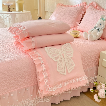 91家纺网 家纺一手货源 找家纺 （总）苏米娜韩版法式公主风蝴蝶结超柔水洗棉糯小棉被套款床盖款四件套少女心泡泡棉小竺棉凉蝴蝶结夏被床盖款四件套
