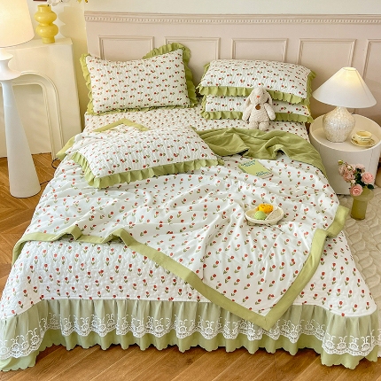 91家纺网 家纺一手货源 找家纺 苏米娜2024春夏A类小清新双层纱棉麻泡泡棉床盖三件套有氧提花小竺棉纯棉全棉泡泡纱床盖三件套