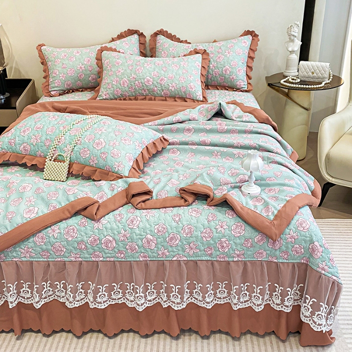 91家纺网 家纺一手货源 找家纺 （总）苏米娜A类双层纱棉麻床盖款夏被四件套蕾丝夹棉床裙大豆水洗棉夏凉被子