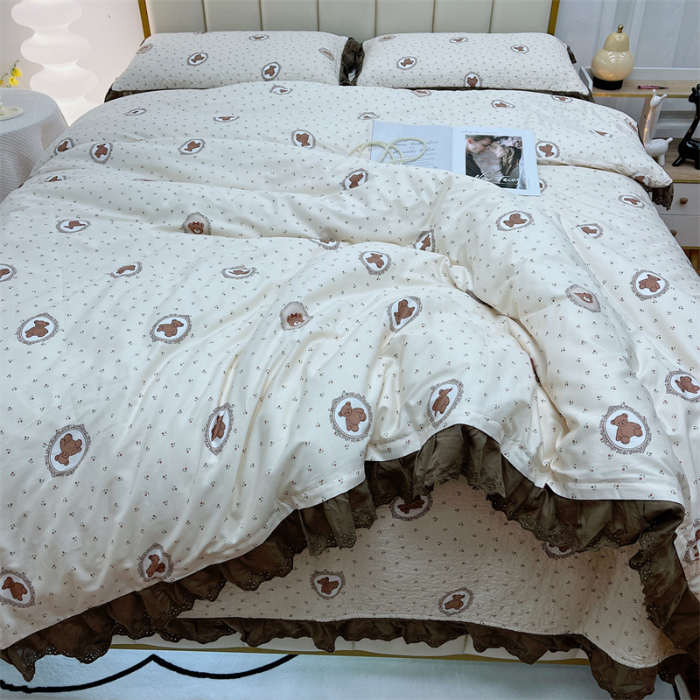 91家纺网 家纺一手货源 找家纺 暖居 2024新款砂洗棉花被套全棉床盖四件套绗缝夹棉纯棉床盖三件套韩国小熊