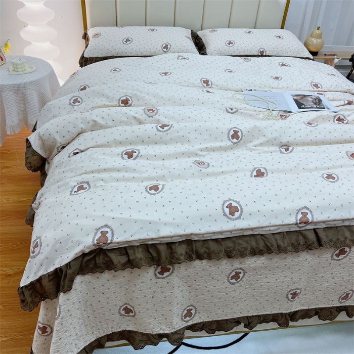 91家纺网 家纺一手货源 找家纺 暖居 2024新款砂洗棉花被套全棉床盖四件套绗缝夹棉纯棉床盖三件套韩国小熊