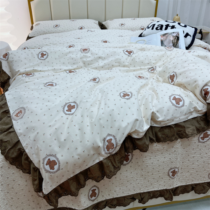 91家纺网 家纺一手货源 找家纺 暖居 2024新款砂洗棉花被套全棉床盖四件套绗缝夹棉纯棉床盖三件套韩国小熊