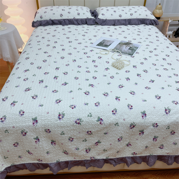 91家纺网 家纺一手货源 找家纺 暖居 2024新款砂洗棉花被套全棉床盖四件套绗缝夹棉纯棉床盖三件套葡萄紫色