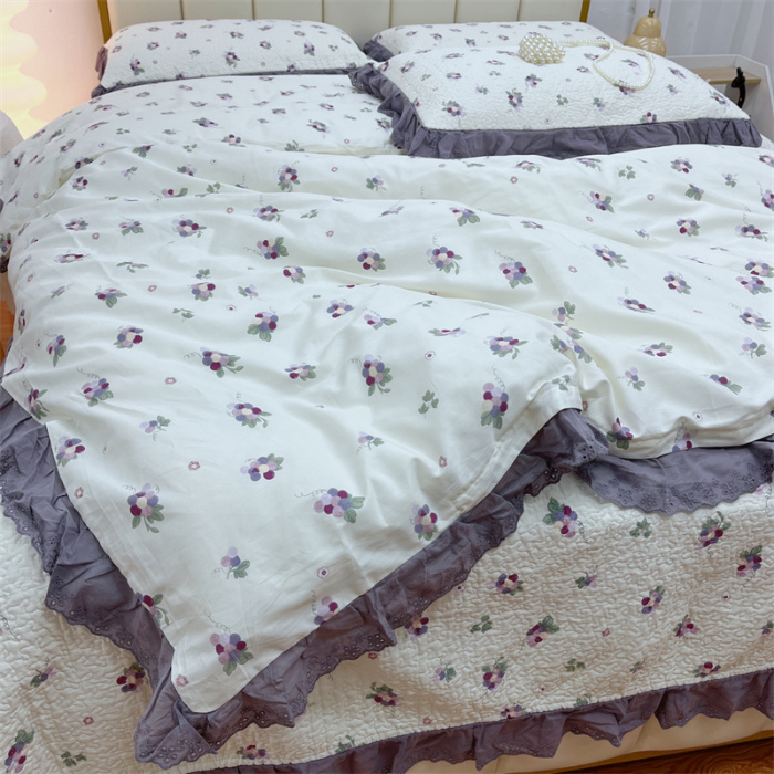 91家纺网 家纺一手货源 找家纺 暖居 2024新款砂洗棉花被套全棉床盖四件套绗缝夹棉纯棉床盖三件套葡萄紫色