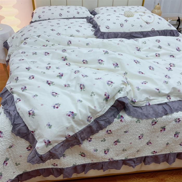91家纺网 家纺一手货源 找家纺 暖居 2024新款砂洗棉花被套全棉床盖四件套绗缝夹棉纯棉床盖三件套葡萄紫色