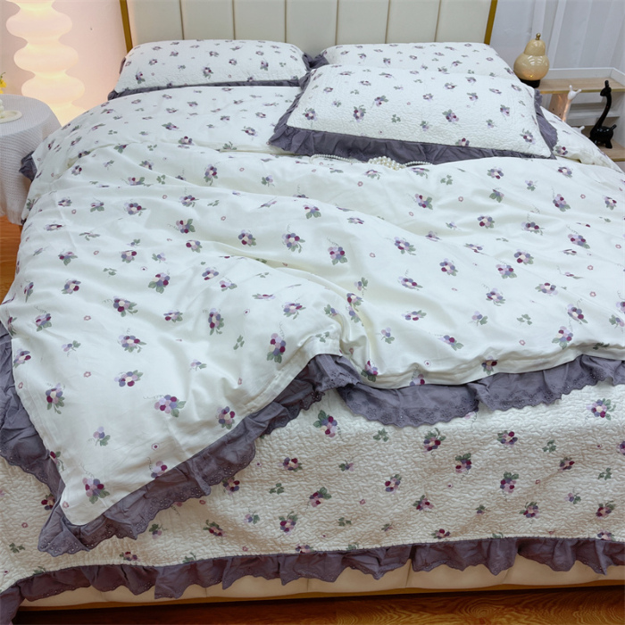 91家纺网 家纺一手货源 找家纺 暖居 2024新款砂洗棉花被套全棉床盖四件套绗缝夹棉纯棉床盖三件套葡萄紫色
