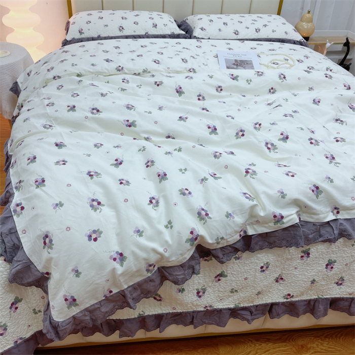 91家纺网 家纺一手货源 找家纺 暖居 2024新款砂洗棉花被套全棉床盖四件套绗缝夹棉纯棉床盖三件套葡萄紫色