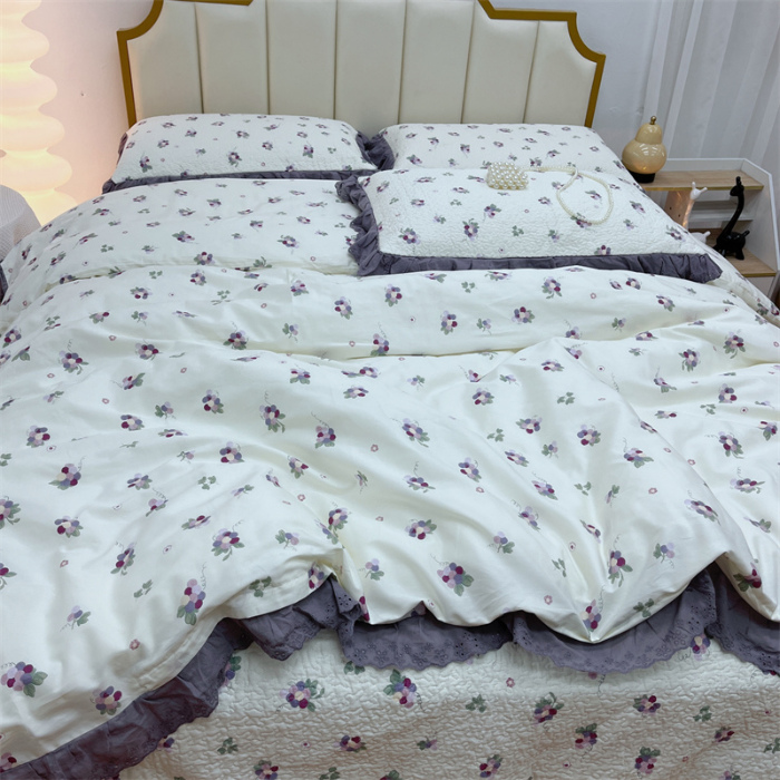 91家纺网 家纺一手货源 找家纺 暖居 2024新款砂洗棉花被套全棉床盖四件套绗缝夹棉纯棉床盖三件套葡萄紫色