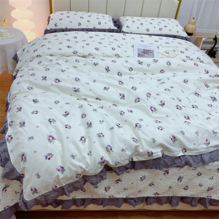 91家纺网 家纺一手货源 找家纺 暖居 2024新款砂洗棉花被套全棉床盖四件套绗缝夹棉纯棉床盖三件套葡萄紫色
