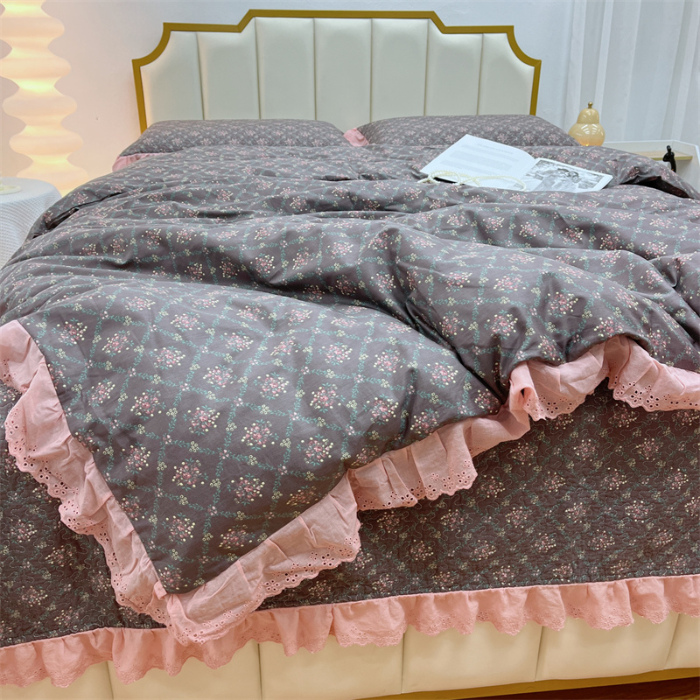 91家纺网 家纺一手货源 找家纺 暖居 2024新款砂洗棉花被套全棉床盖四件套绗缝夹棉纯棉床盖三件套 知画