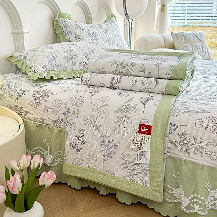 91家纺网 家纺一手货源 找家纺 （总）A类双层纱棉麻床盖款夏被四件套蕾丝夹棉床裙大豆水洗棉夏凉被子