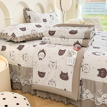 91家纺网 家纺一手货源 找家纺 （总）A类双层纱棉麻床盖款夏被四件套蕾丝夹棉床裙大豆水洗棉夏凉被子