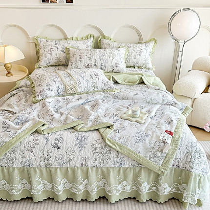 91家纺网 家纺一手货源 找家纺 （总）苏米娜A类双层纱棉麻床盖款夏被四件套蕾丝夹棉床裙大豆水洗棉夏凉被子