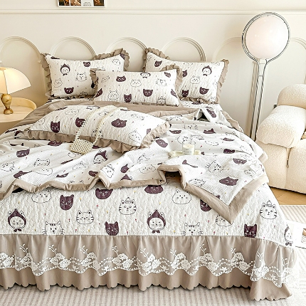 91家纺网 家纺一手货源 找家纺 （总）苏米娜A类双层纱棉麻床盖款夏被四件套蕾丝夹棉床裙大豆水洗棉夏凉被子