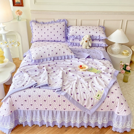 91家纺网 家纺一手货源 找家纺 （总）漫布云2025新款A类水洗棉麻夏被床盖四件套蕾丝夹棉床裙款大豆夏被