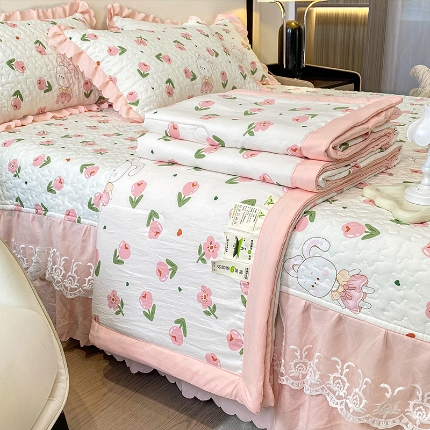 91家纺网 家纺一手货源 找家纺 苏米娜A类母婴级双层纱棉麻蕾丝床盖款夏被四件套小竺棉泡泡纱泡泡棉纯棉全棉磨毛水洗棉凉感丝床盖款夏被四件套