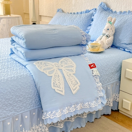 （总）2025韩版少女心法式公主风水洗棉蕾丝花边夏被床盖款四件套泡泡棉小竺棉凉蝴蝶结夏被床盖款四件套