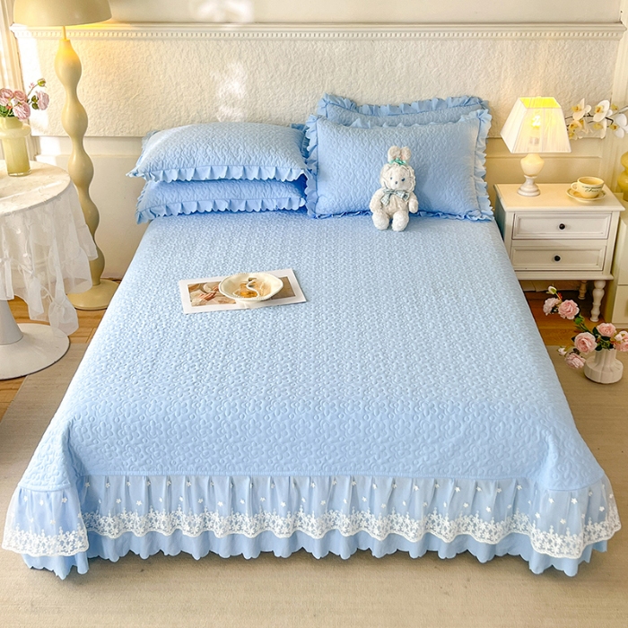 91家纺网 家纺一手货源 找家纺 （总）2025韩版少女心法式公主风水洗棉蕾丝花边夏被床盖款四件套泡泡棉小竺棉凉蝴蝶结夏被床盖款四件套