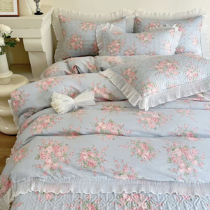 91家纺网 家纺一手货源 找家纺 纯棉床盖三件套240×255小仙女夏季加大床单花边全棉床盖三件套