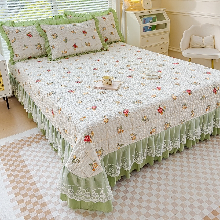 91家纺网 家纺一手货源 找家纺 佰诗特 2025A类双层纱水洗棉麻床盖四件套 夹棉印花花边床盖三件套加厚床裙