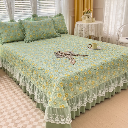 91家纺网 家纺一手货源 找家纺 佰诗特 2025A类双层纱水洗棉麻床盖四件套 夹棉印花花边床盖三件套加厚床裙