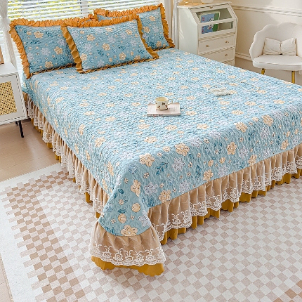 91家纺网 家纺一手货源 找家纺 佰诗特 2025A类双层纱水洗棉麻床盖四件套 夹棉印花花边床盖三件套加厚床裙