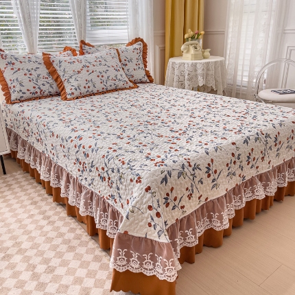 91家纺网 家纺一手货源 找家纺 佰诗特 2025A类双层纱水洗棉麻床盖四件套 夹棉印花花边床盖三件套加厚床裙