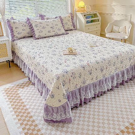 91家纺网 家纺一手货源 找家纺 佰诗特 2025A类双层纱水洗棉麻床盖四件套 夹棉印花花边床盖三件套加厚床裙