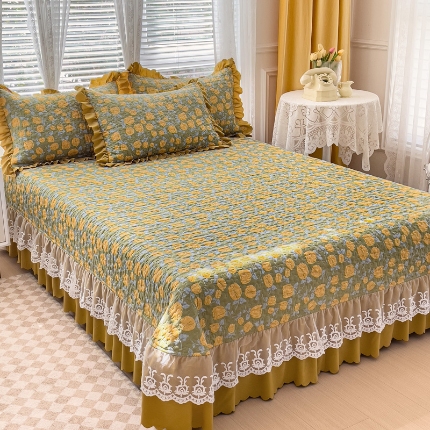 91家纺网 家纺一手货源 找家纺 佰诗特 2025A类双层纱水洗棉麻床盖四件套 夹棉印花花边床盖三件套加厚床裙