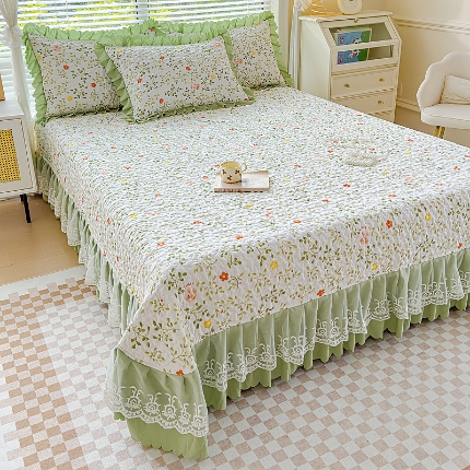 91家纺网 家纺一手货源 找家纺 佰诗特 2025A类双层纱水洗棉麻床盖四件套 夹棉印花花边床盖三件套加厚床裙