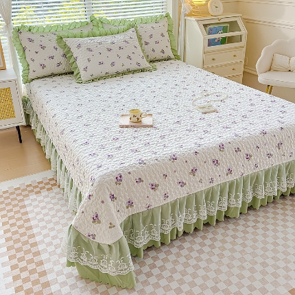 91家纺网 家纺一手货源 找家纺 佰诗特 2025A类双层纱水洗棉麻床盖四件套 夹棉印花花边床盖三件套加厚床裙