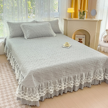91家纺网 家纺一手货源 找家纺 水洗棉麻双层纱纯色多功能蕾丝床盖四件套 夹棉被套夏被两用套件直播爆款