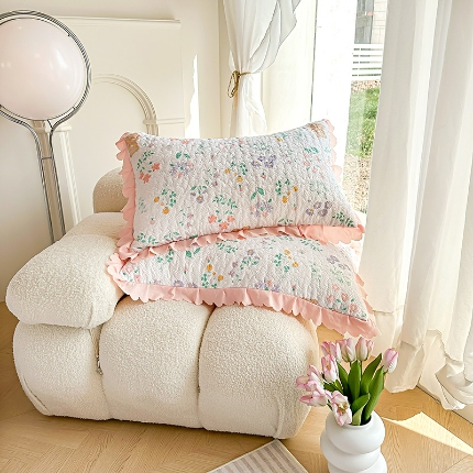 91家纺网 家纺一手货源 找家纺 （总）2025春夏新品A类母婴级双层纱棉麻花边夹棉枕套一对泡泡纱泡泡棉小竺棉纯棉全棉磨毛水洗棉花边枕套一对