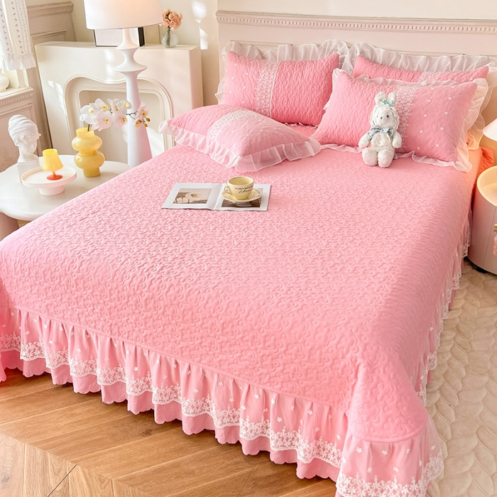 91家纺网 家纺一手货源 找家纺 （总）2025韩版少女心法式公主风水洗棉蕾丝花边绣花床盖款夏被四件套泡泡棉小竺棉凉感丝夏被床盖款四件套