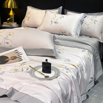 91家纺网 家纺一手货源 找家纺 佳品居 2024新款莱塞尔天丝印花夏被四件套 繁花叶梦