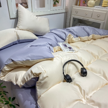 91家纺网 家纺一手货源 找家纺 乐沐家纺 2024新款夏季水洗冰丝四件套水洗真丝纯色双拼单被套 优雅紫+米黄