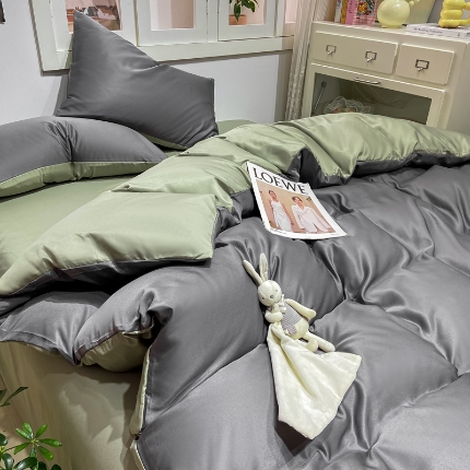 91家纺网 家纺一手货源 找家纺 乐沐家纺 2024新款夏季水洗冰丝四件套水洗真丝纯色双拼单被套 青草绿+高级灰