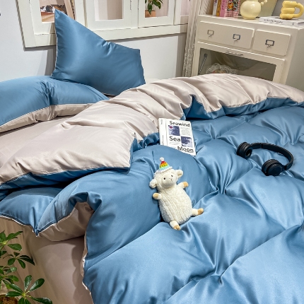 91家纺网 家纺一手货源 找家纺 乐沐家纺 2024新款夏季水洗冰丝四件套水洗真丝纯色双拼单被套 绅士灰+宾利蓝