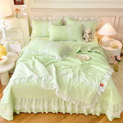 91家纺网 家纺一手货源 找家纺 （总）漫布云2025韩版少女心法式公主风水洗棉蕾丝花边夏被床盖款四件套全棉纯棉磨毛水洗棉泡泡棉泡泡纱小竺棉蝴蝶结夏被床盖款四件套