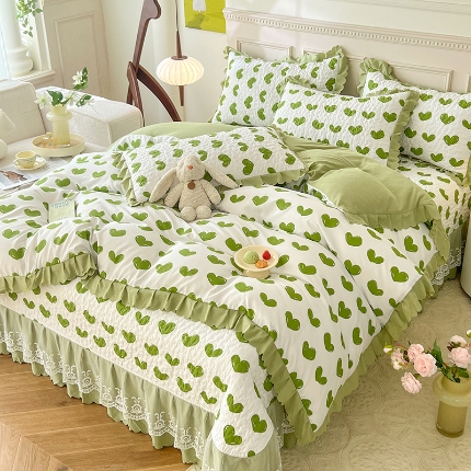 91家纺网 家纺一手货源 找家纺 （总）漫布云2025春夏A类母婴级泡泡纱蕾丝花边床盖款四件套泡泡棉小竺棉双层纱棉麻纯棉全棉床盖款四件套纯棉全棉夏被四件套