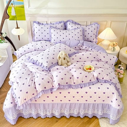 91家纺网 家纺一手货源 找家纺 苏米娜A类水洗棉麻双层纱床盖款被套四件套夹棉床裙蕾丝花边纯棉全棉夏凉床盖夏被 