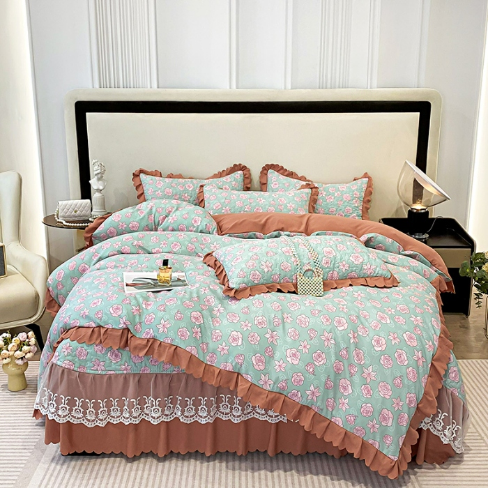 91家纺网 家纺一手货源 找家纺 苏米娜A类水洗棉麻双层纱床盖款被套四件套夹棉床裙蕾丝花边纯棉全棉夏凉床盖夏被 