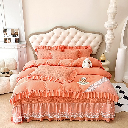 91家纺网 家纺一手货源 找家纺 A类水洗棉麻双层纱床盖款被套四件套夹棉床裙蕾丝花边纯棉全棉夏凉床盖夏被