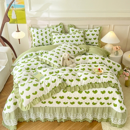 91家纺网 家纺一手货源 找家纺 A类母婴级双层纱水洗棉麻床盖款花边被套四件套蕾丝床裙款床盖款夹棉单被套