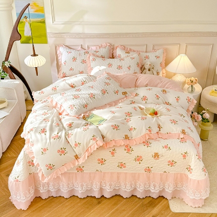 91家纺网 家纺一手货源 找家纺 苏米娜A类水洗棉麻双层纱床盖款被套四件套夹棉床裙蕾丝花边纯棉全棉夏凉床盖夏被