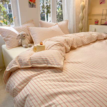 莱茵家居 2024新款A类多巴胺撞色全棉水洗棉四件套 粉苏条