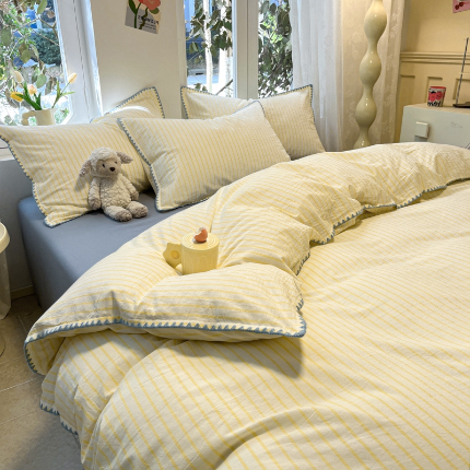 莱茵家居 2024新款A类多巴胺撞色全棉水洗棉四件套 黄苏条