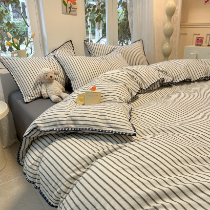 莱茵家居 2024新款A类多巴胺撞色全棉水洗棉四件套 灰苏条