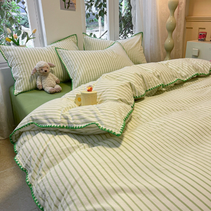 莱茵家居 2024新款A类多巴胺撞色全棉水洗棉四件套 绿苏条